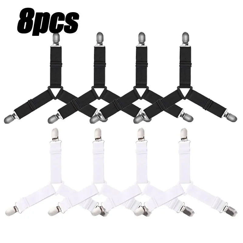 Eight adjustable bed sheet grippers with clips shown in various configurations.