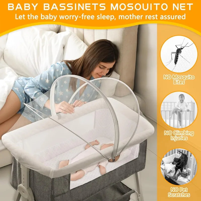 A baby bassinet with a clear mosquito net cover is shown next to a mother, illustrating worry-free sleep.