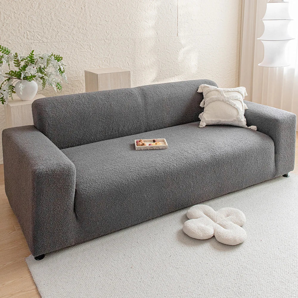A modern gray sofa with a light beige throw pillow and decorative items on a white rug.