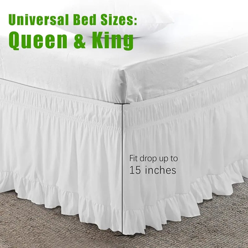 Ruffled white bed skirt designed for Queen and King sized beds