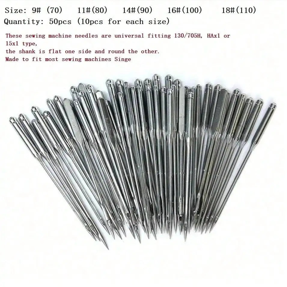 A collection of universal sewing machine needles in various sizes from 9# to 18#, packaged for use with Singer machines.