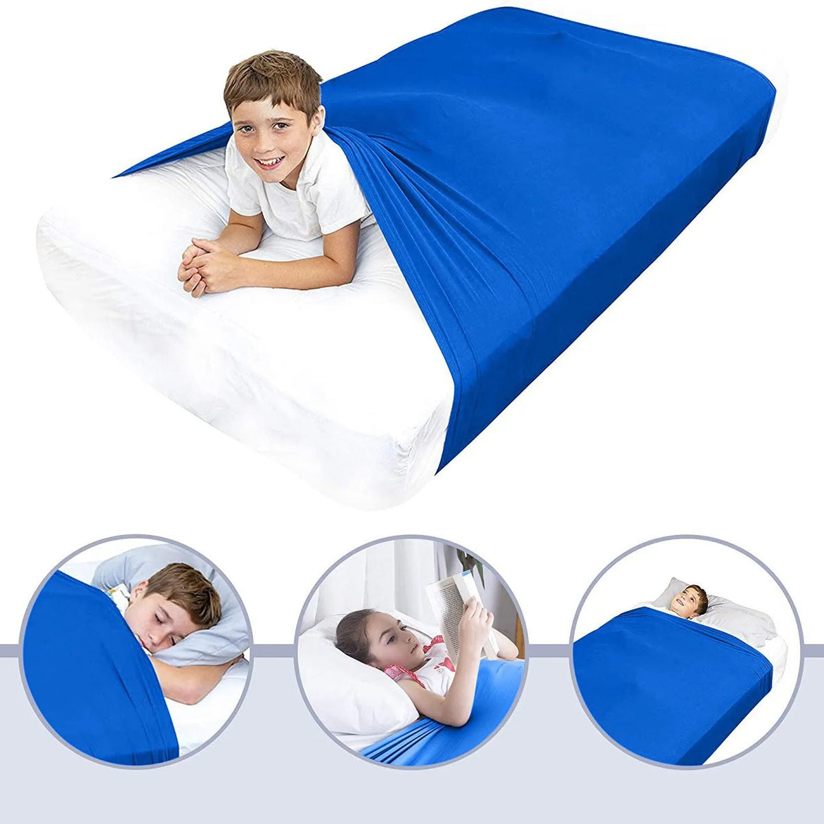 A child is lying on a white bed sheet covered by a bright blue breathable stretchy sensory bed sheet.