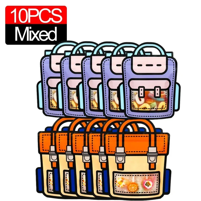A set of 10 mixed cute cartoon birthday and party goodie bags in various colors and designs.