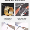A precision hand sewing kit showing a gold-colored ring tool and various sizes of steel needles for threading.