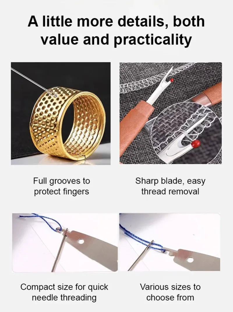 A precision hand sewing kit showing a gold-colored ring tool and various sizes of steel needles for threading.