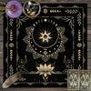 A dark mat featuring a moonlit floral tarot card design, including crystals and tarot cards.