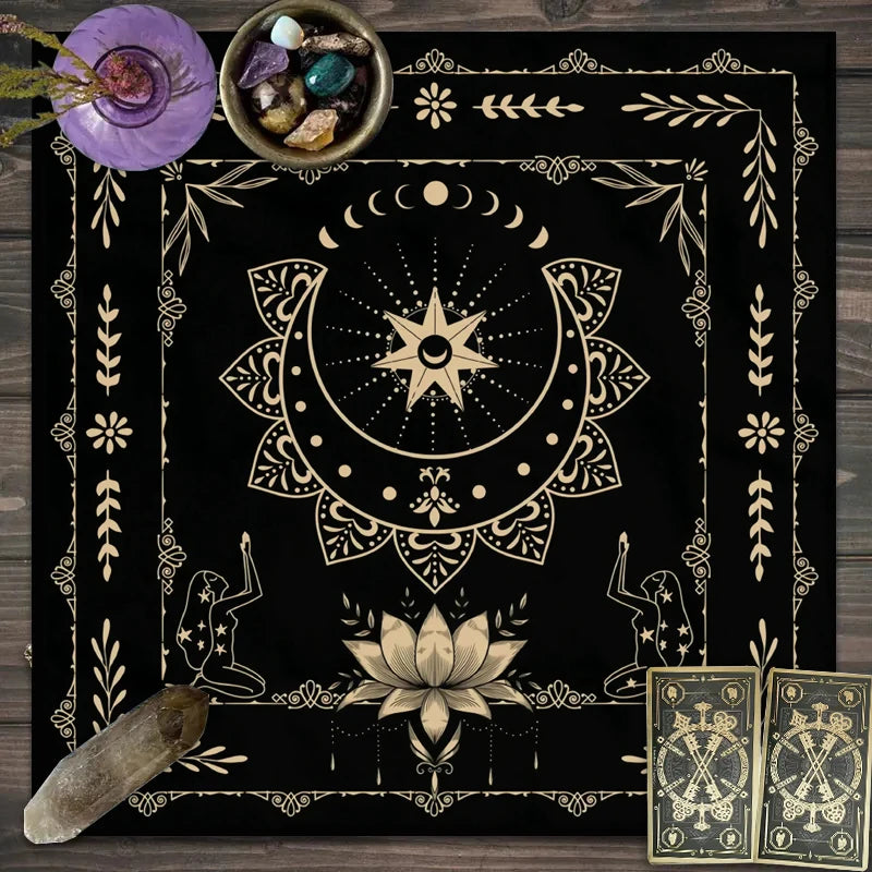 A dark mat featuring a moonlit floral tarot card design, including crystals and tarot cards.