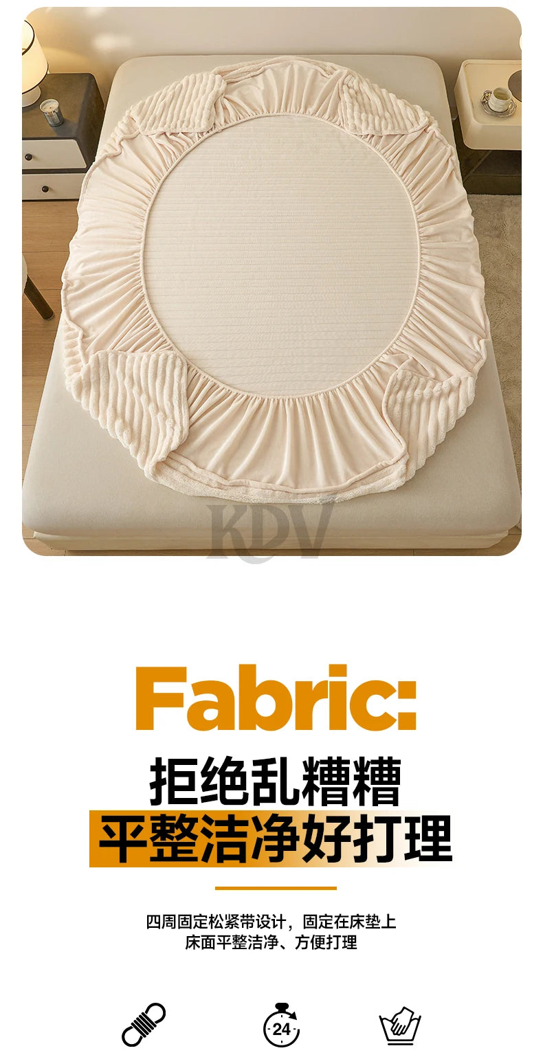 A beige ruffled fitted bed sheet displayed on a mattress, emphasizing its smooth washing and ironing features.