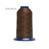 A spool of dark brown high tenacity polyester embroidery thread with a blue cap.