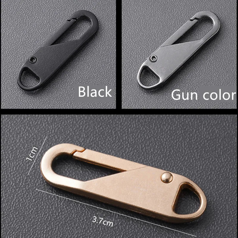 Three detachable metal zipper pullers shown in black, gun color, and rose gold finish.