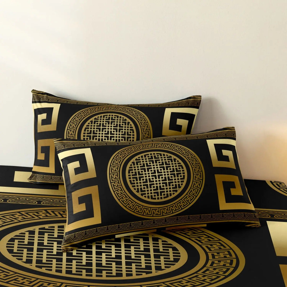 Black and gold geometric patterned pillow covers and duvet cover set