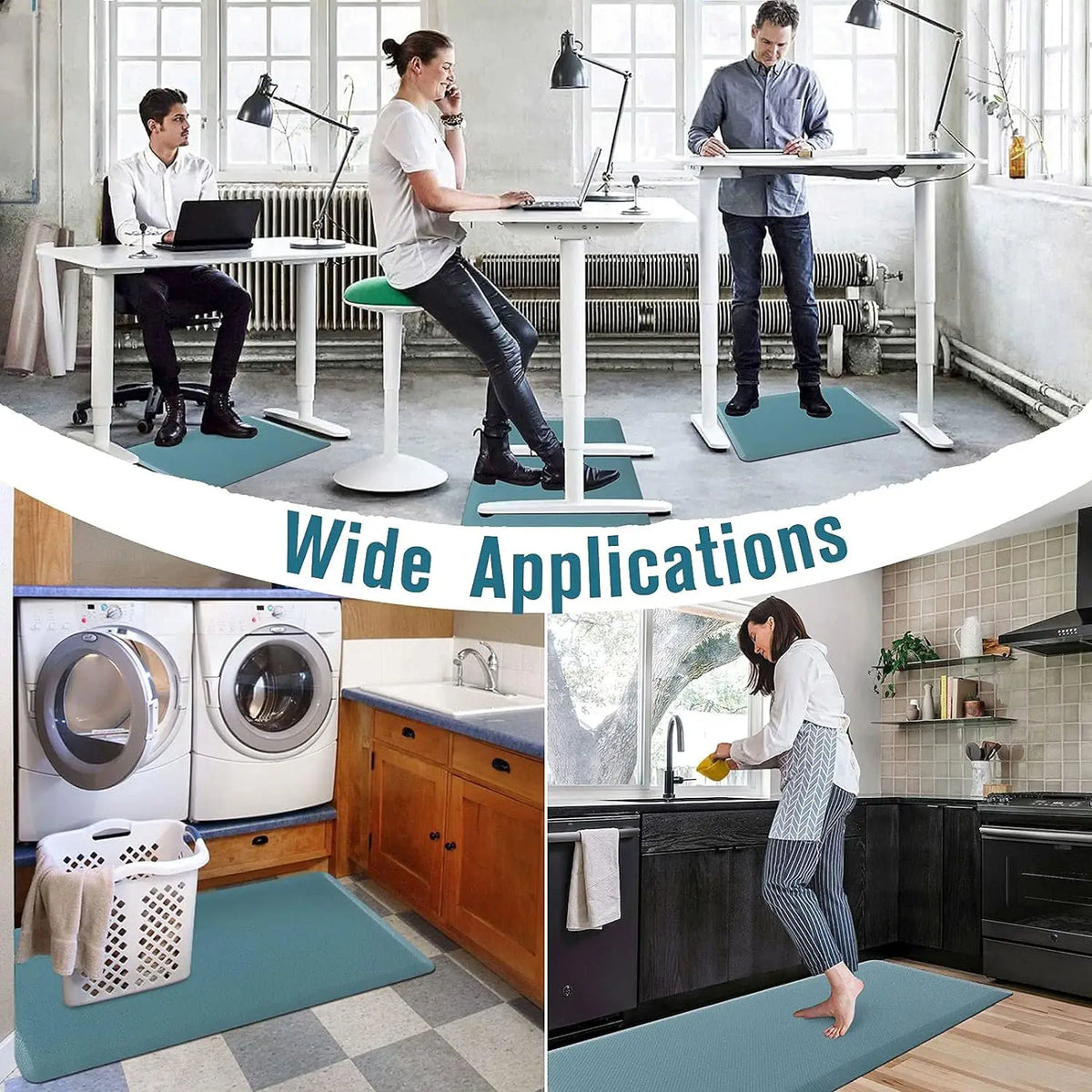 A set of blue anti-fatigue PVC kitchen mats are shown in various indoor and outdoor settings.