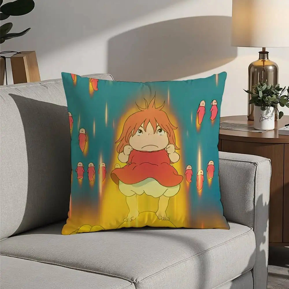 A decorative pillow cover featuring an orange-haired cartoon character surrounded by glowing red and yellow light effects.