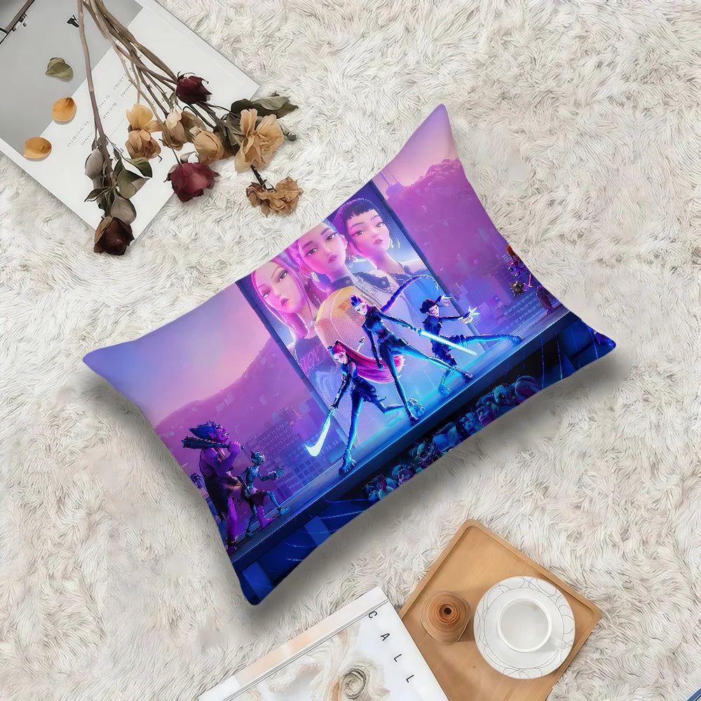 A purple cushion cover featuring K-Pop demon hunter themed artwork with glowing figures and a dark background.