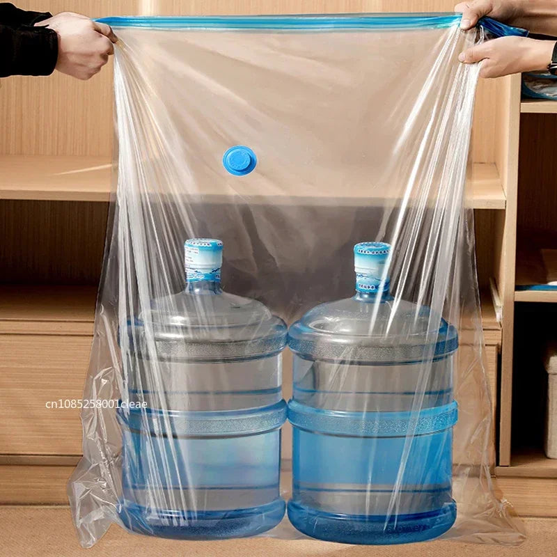 Clear plastic storage bags are being used to compress and store blue water bottles.