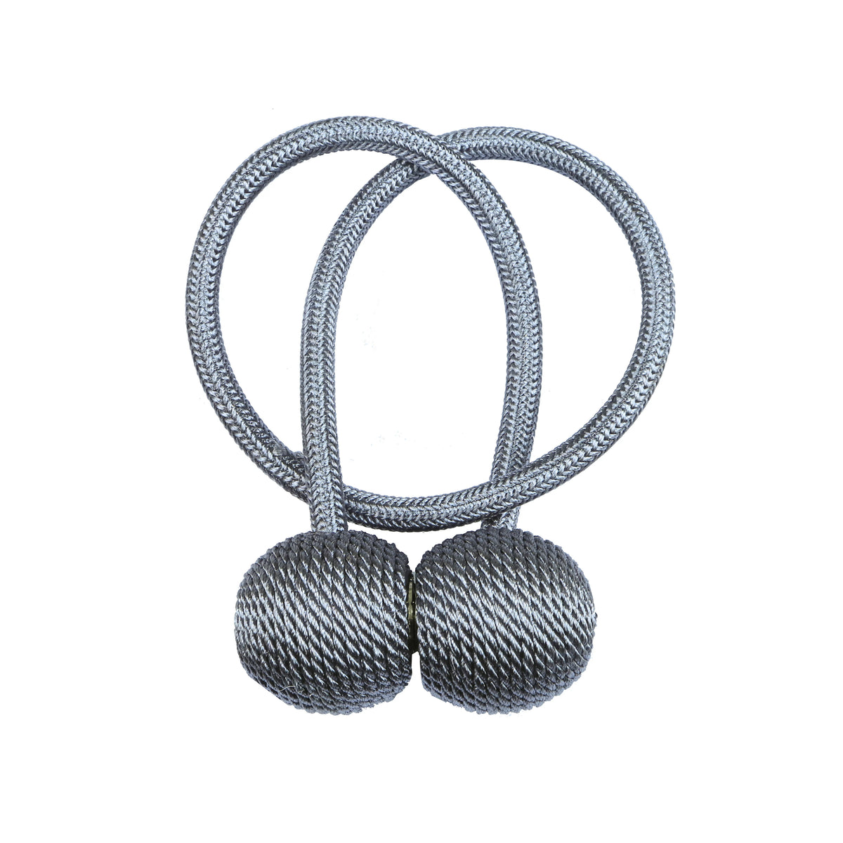 Silver magnetic curtain tiebacks with braided cord and spherical finials