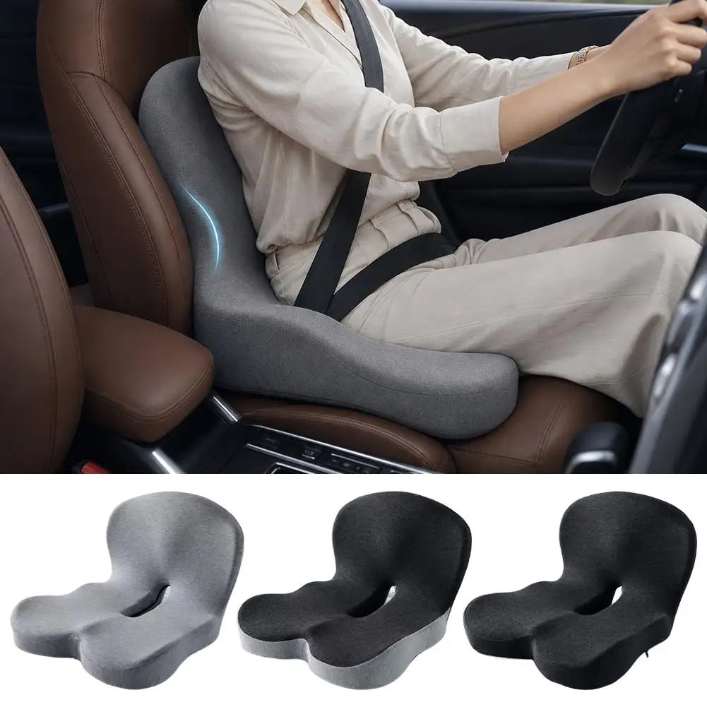 Three views of a gray memory foam car seat cushion for ergonomic support.