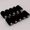 A pack of ten black polyester sewing threads arranged in a row on a white surface.