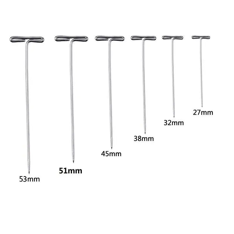 A set of stainless steel T-pins with varying lengths from 27mm to 53mm for knitting blocking and sewing.