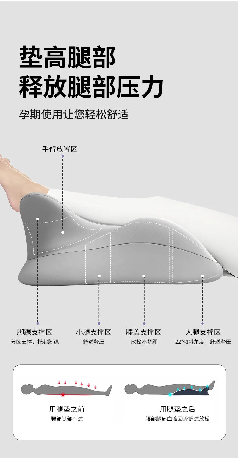 A close-up view of a gray memory foam wedge pillow designed for foot relief and support.
