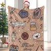 A cozy flannel throw blanket featuring Christmas and holiday designs with a woman modeling it.