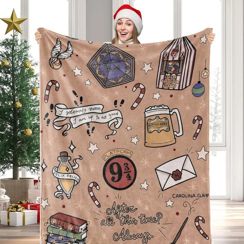 A cozy flannel throw blanket featuring Christmas and holiday designs with a woman modeling it.