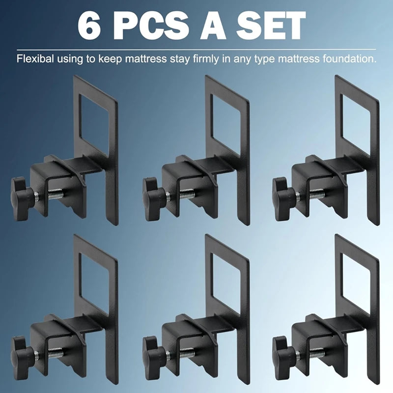 Six black flexible mattress slide stoppers designed to keep a mattress firmly in place on any type of foundation.
