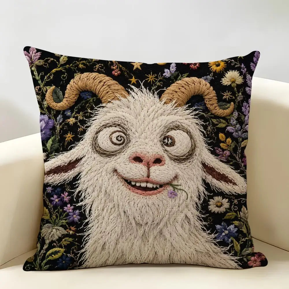 A decorative cushion cover featuring a realistic white goat face with curled horns set against a dark floral background.