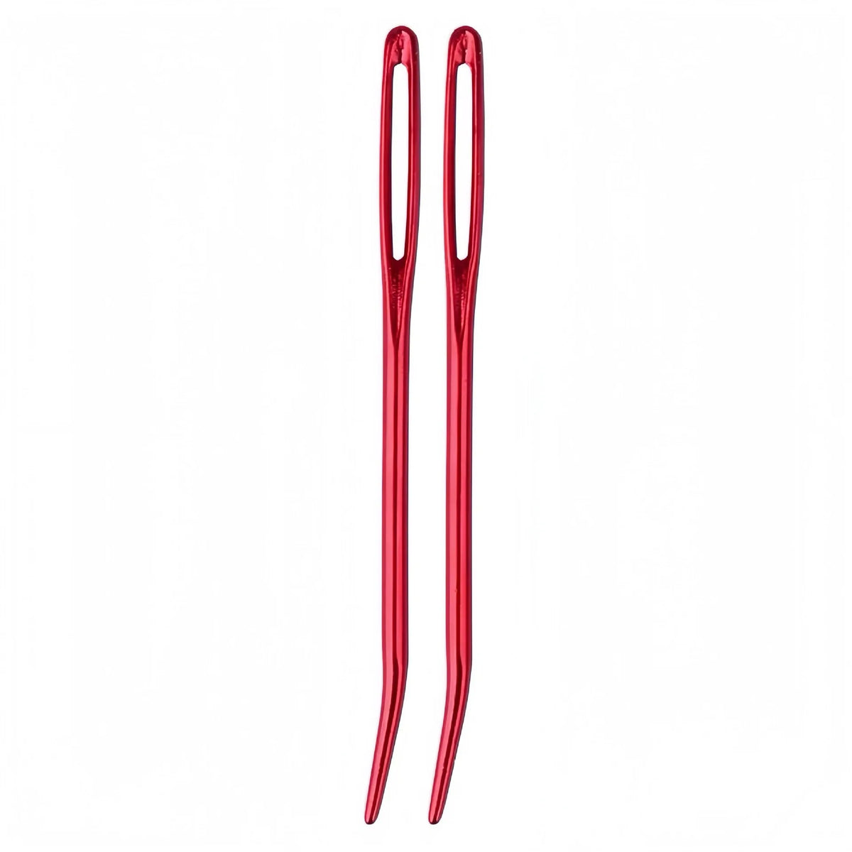 A set of 20 aluminum knitting needles and sewing pins in a bright red color.