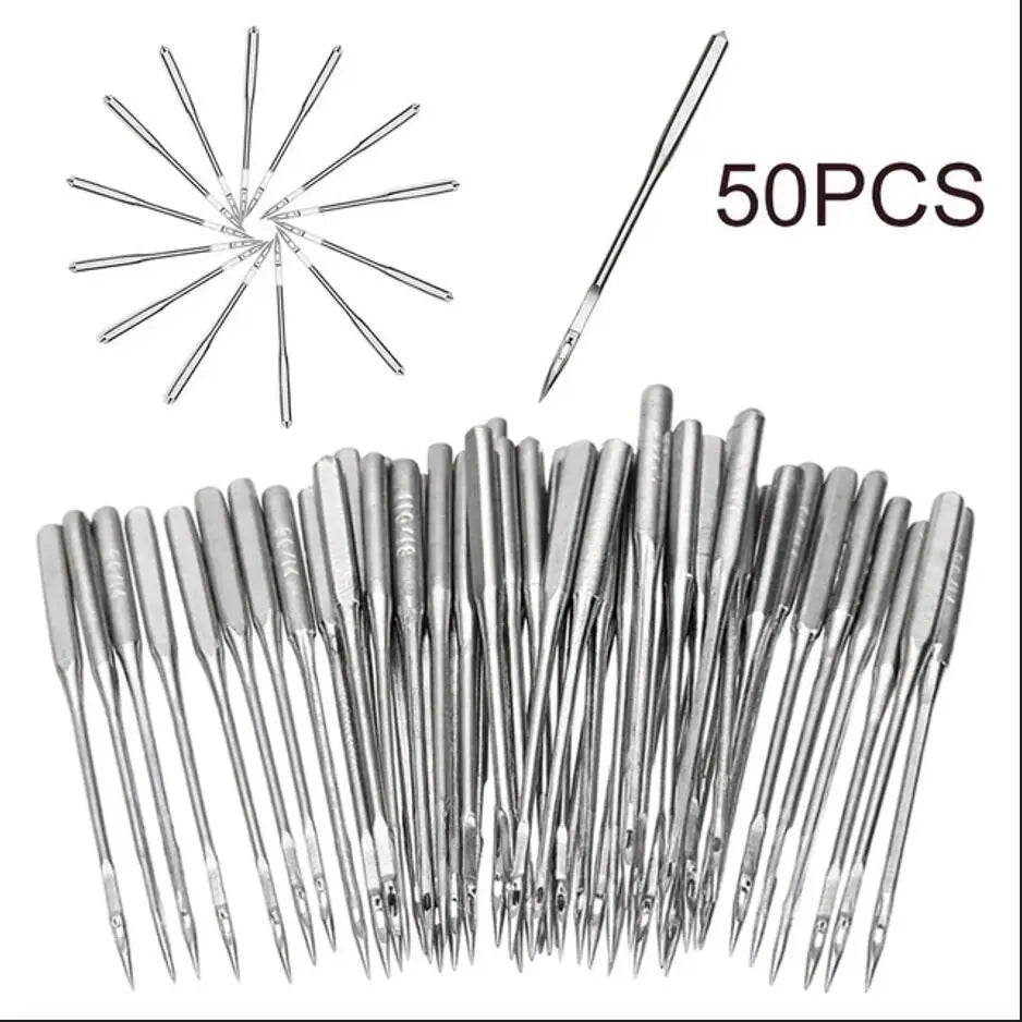 A set of 50 universal sewing machine needles shown individually and in bulk.