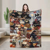 A woman holds up a large tapestry featuring characters from Gilmore Girls and Chilton, set against a light background.