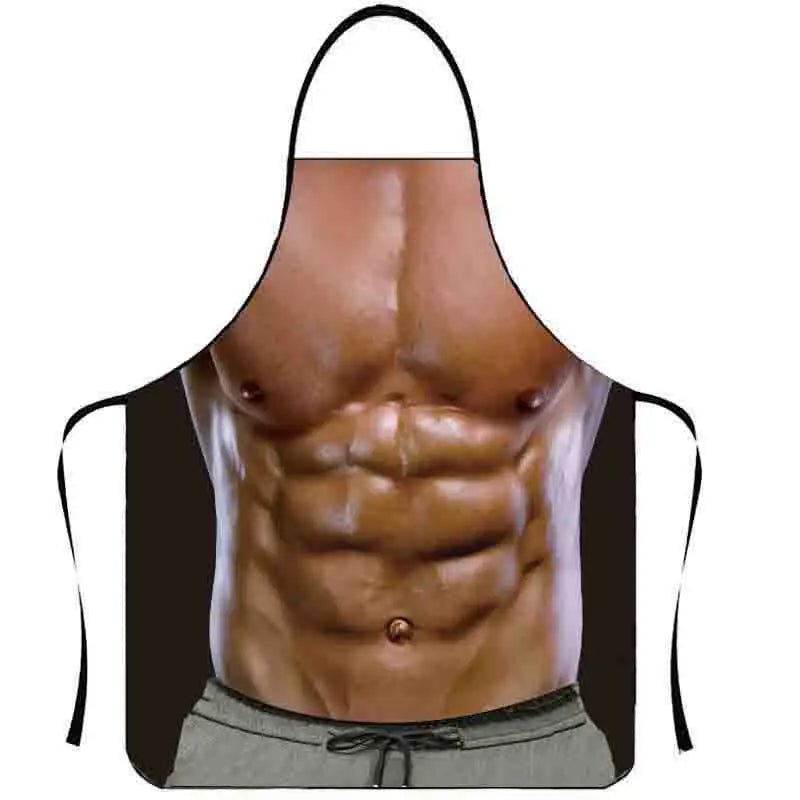 A muscular torso model wearing a black apron for a versatile muscle and creativity apron.