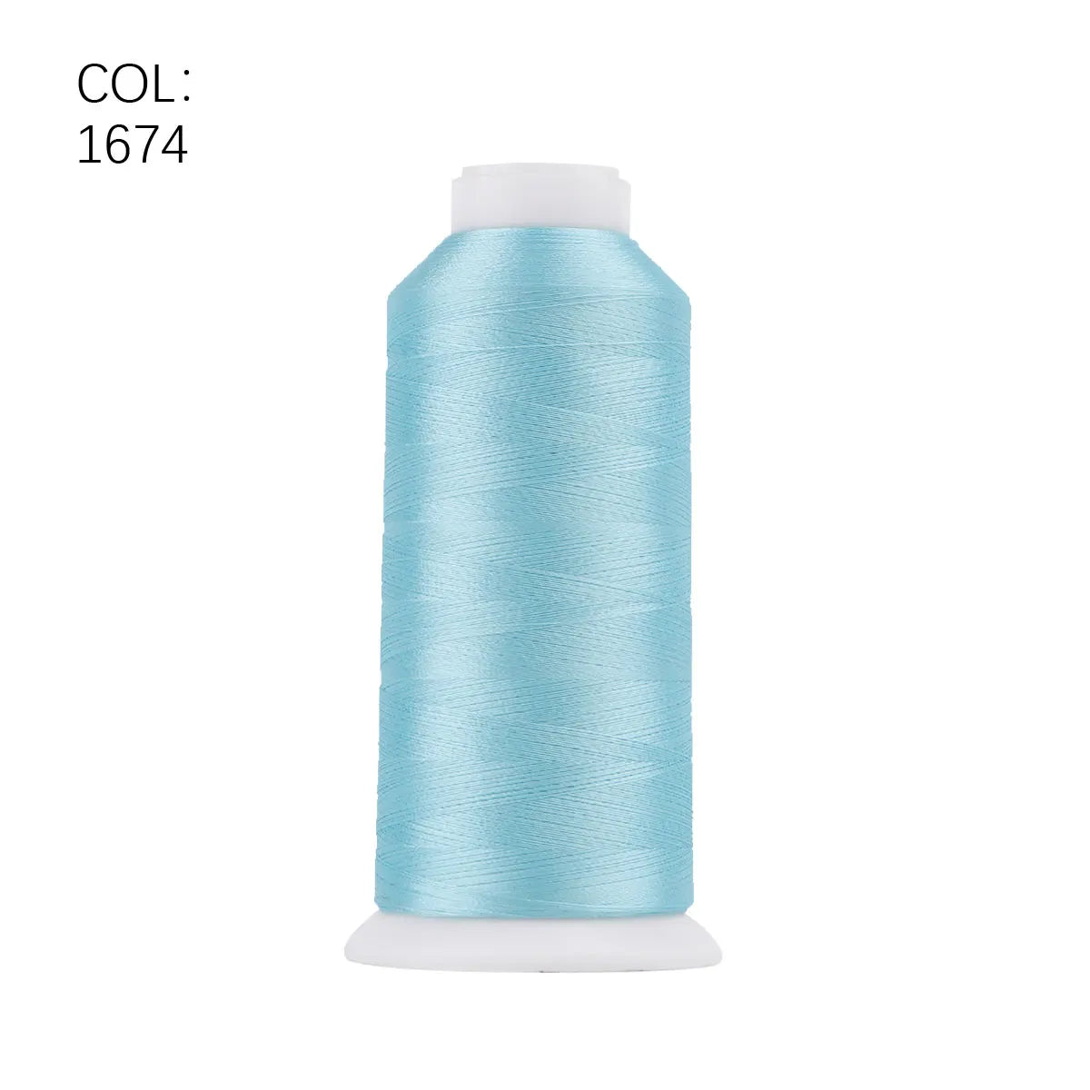 A roll of light blue polyester embroidery thread with a white core and plastic casing.