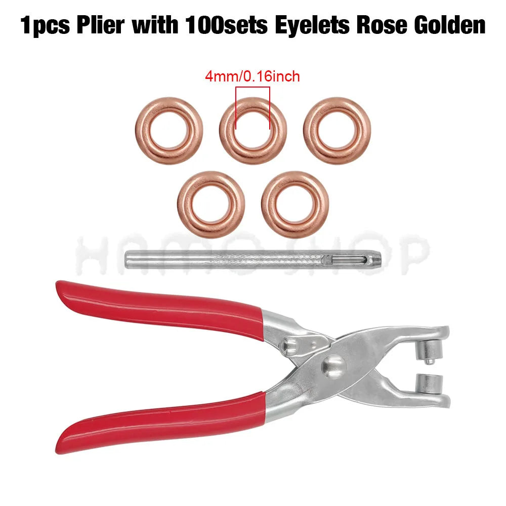A set of 100 rose gold eyelets and a corresponding plier tool for piercing.