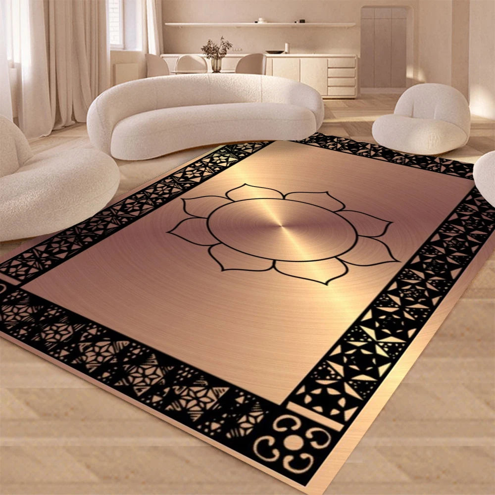 A modern geometric soft area rug with a lotus design and intricate black patterns on a light wood floor.