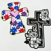 A set of DIY iron-on embroidery patches featuring a cross design with floral and heart elements in red, blue, purple, and pin
