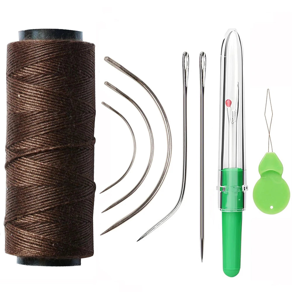 Five three rolls of multi-color sewing threads for hair extensions shown with various needles and a spool.