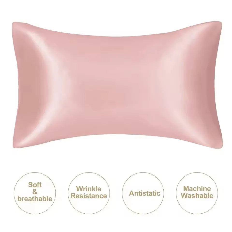 A smooth, rosy pink satin silk pillowcase shown flat.