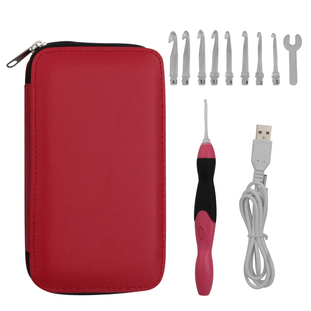 A red zippered pouch containing a 9-in-1 rechargeable LED crochet hook set and its charging cable.