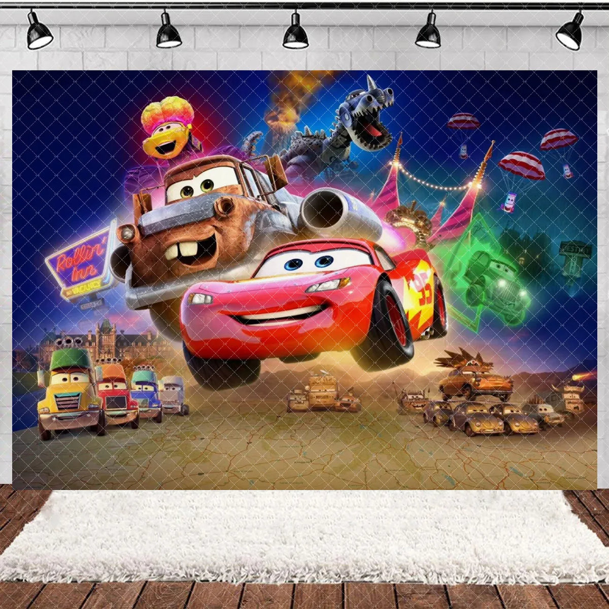 A vibrant cartoon racing scene featuring characters like Crash and Lightning McQueen on a grassy field.