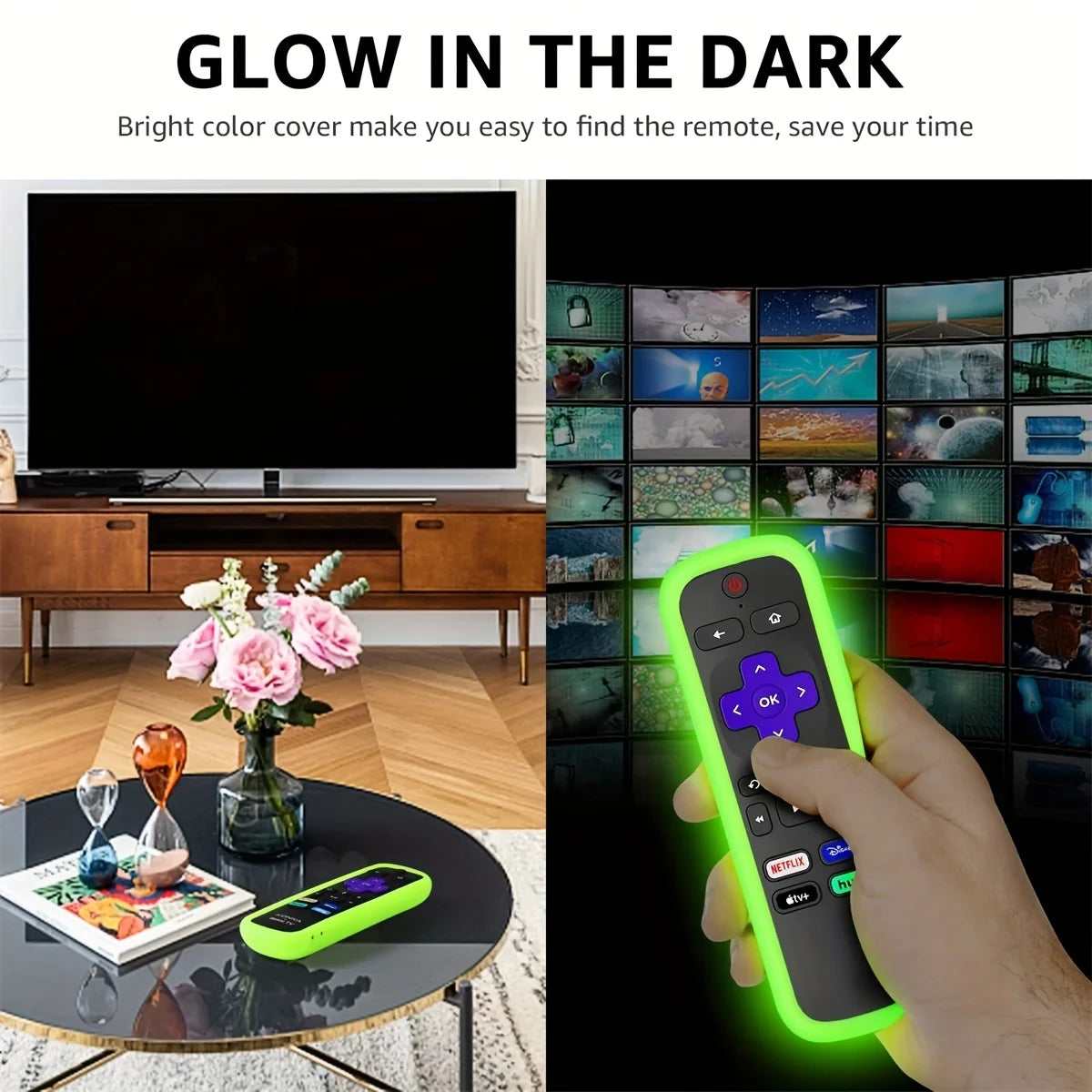 A hand holds a bright neon green glow-in-the-dark silicone remote cover against a dark background.