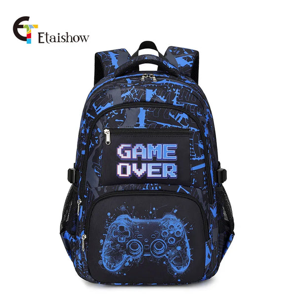A dark blue and black patterned backpack featuring a Game Over design on the front pocket.