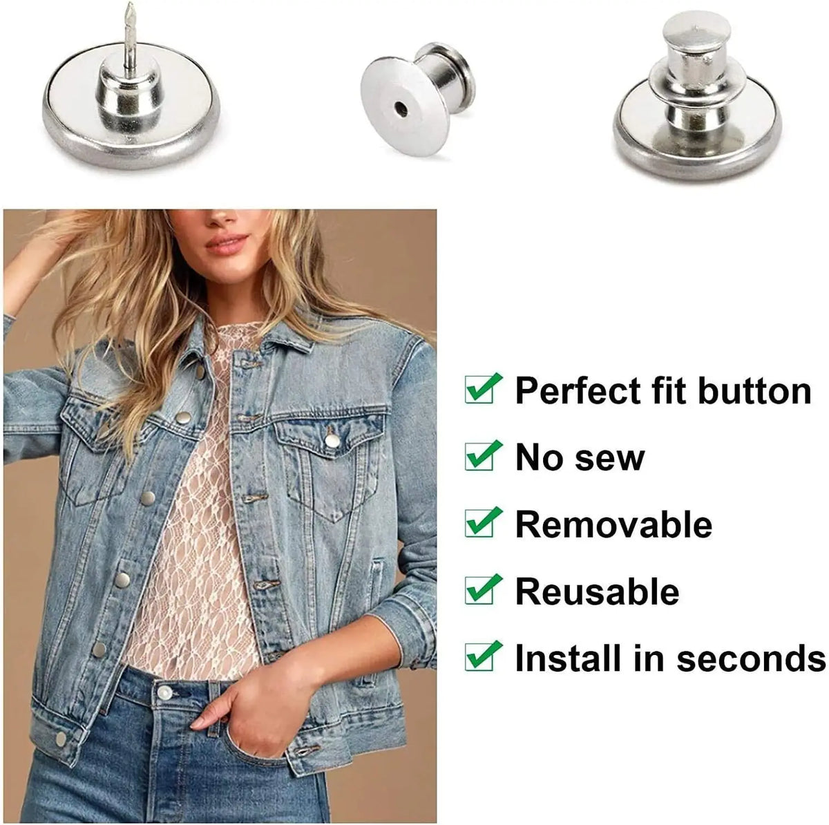 Close-up of adjustable button pins and a denim jacket showing how to use them for clothing