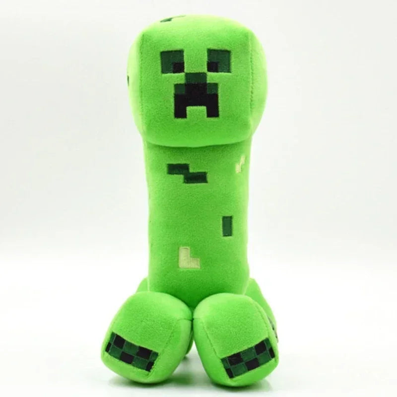A bright lime green stuffed dragon plush toy with black pixelated eyes and body texture.