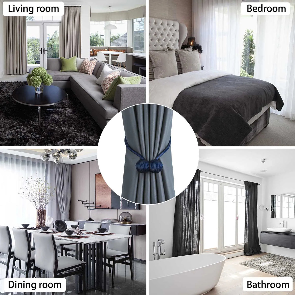 A collage showing magnetic curtain tiebacks used in living room, bedroom, dining room, and bathroom settings.