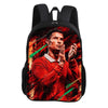 A black backpack featuring a graphic of a football player in a red shirt with green accents.