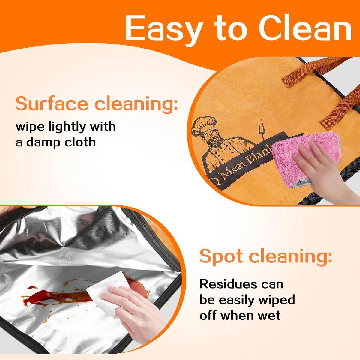 Instructions for cleaning an insulated BBQ meat resting bag, showing surface and spot cleaning methods.