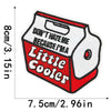 A red and white embroidered iron-on clothing patch shaped like a small cooler.