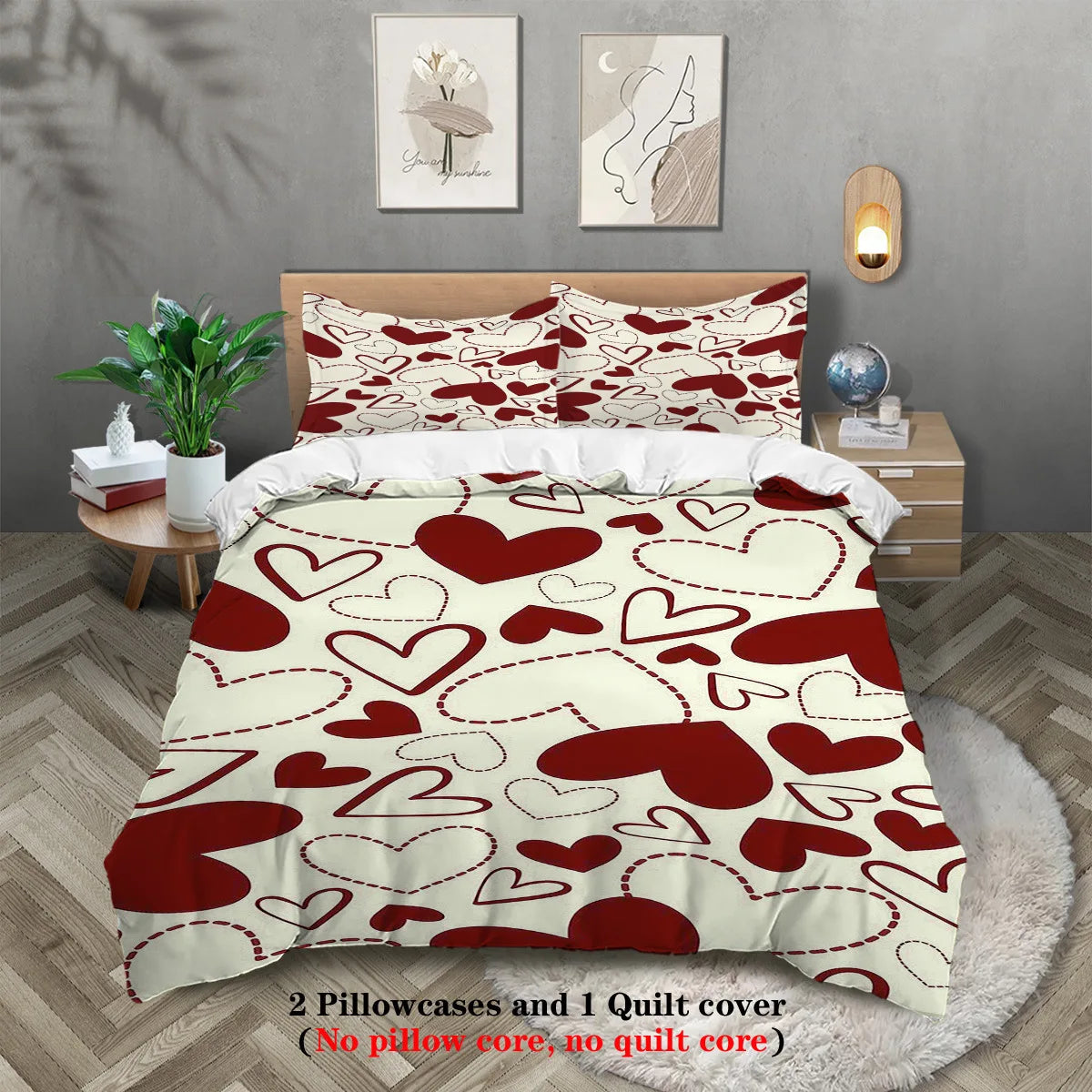A red and white heart patterned duvet cover set displayed on a bed with framed art.