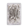A clear plastic container filled with 100 pearl head sewing pins for dressmaking and DIY projects.